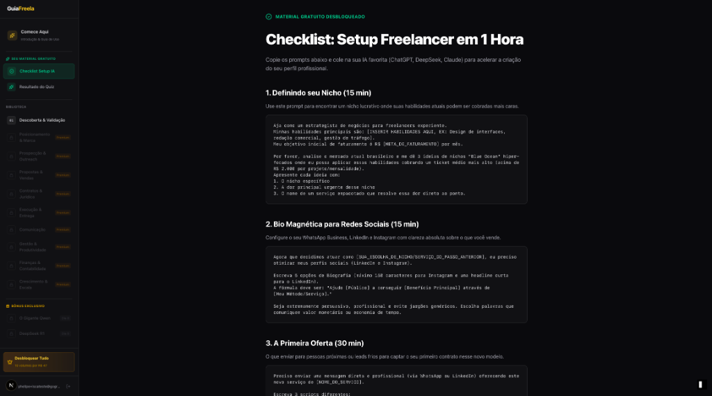 Preview da Plataforma GuiaFreela — Checklist Setup Freelancer